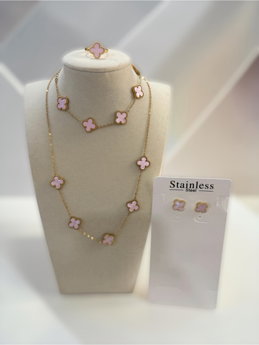 Pink Clover 4-Piece Stainless Steel Jewelry Set – Necklace Bracelet Ring Earring